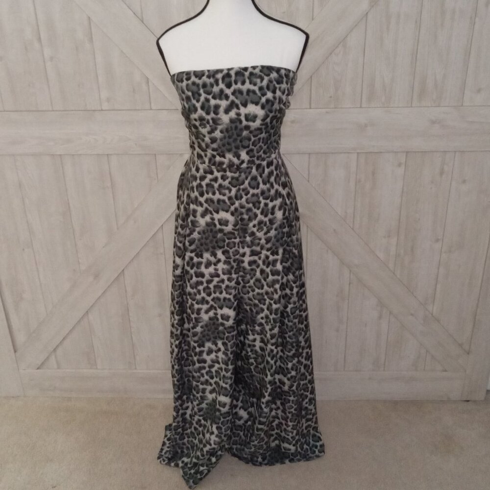 HYFVE-BLACK STRAPLESS LEOPARD PRINT JUMPSUIT WITH BOW TIE DETAIL-LARGE